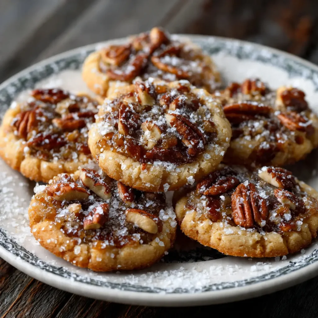 Pecan pie cookies topped with chopped pecans and sugar crystals on a plate.