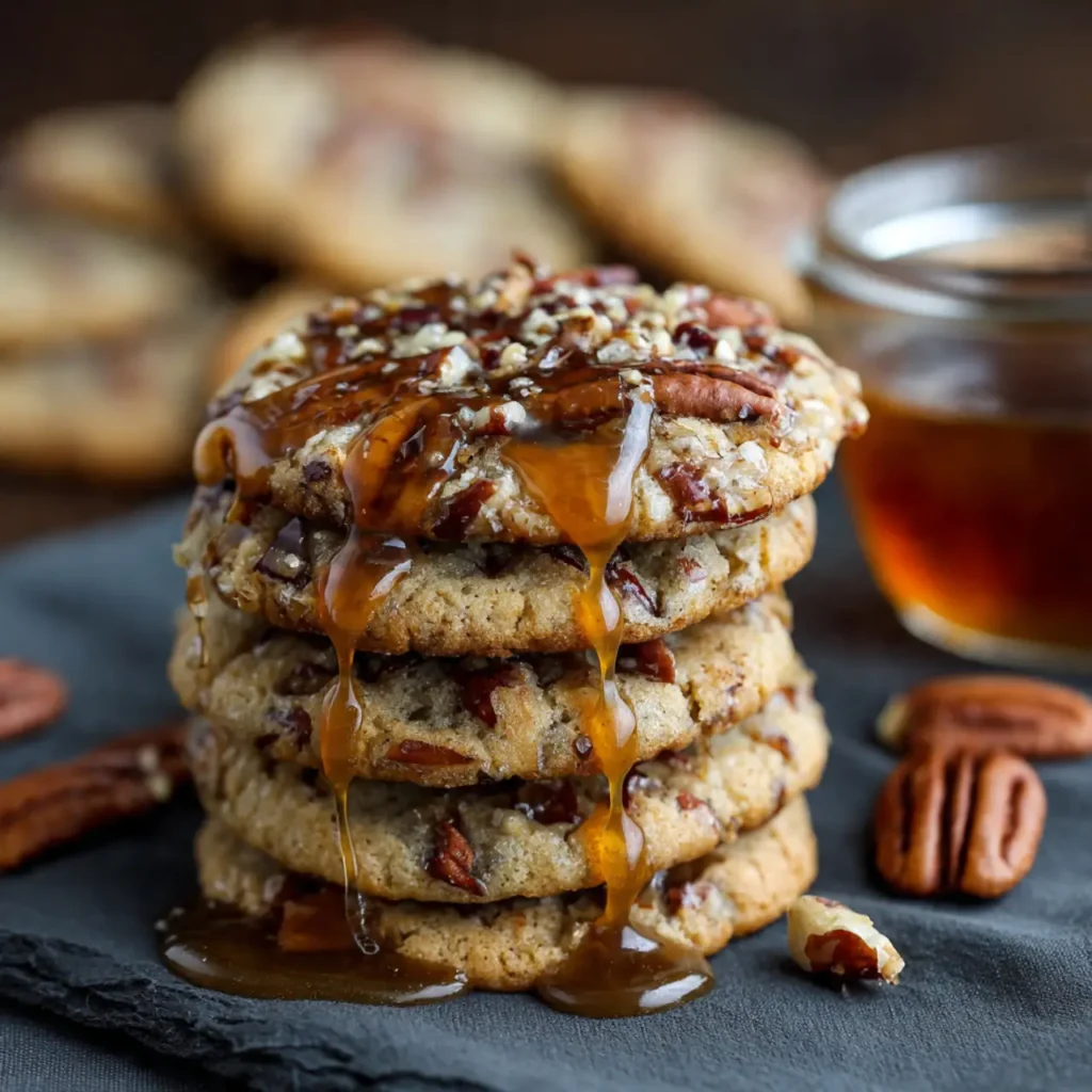 Stack of pecan pie cookies covered in dripping caramel sauce.