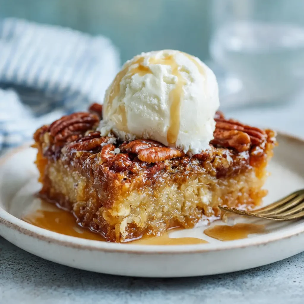 Warm slice of pecan pie dump cake topped with vanilla ice cream and caramel drizzle.