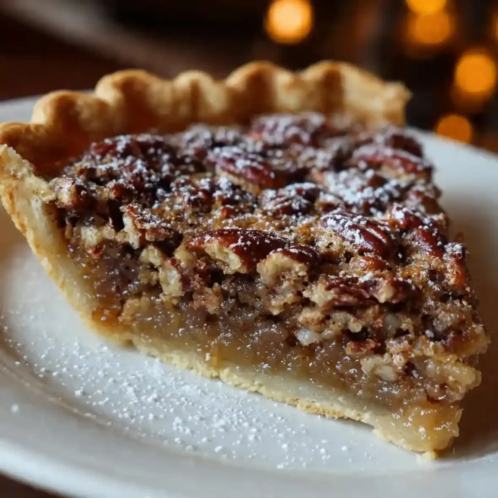 Slice of pecan pie with a glossy nut topping and flaky crust dusted with powdered sugar.