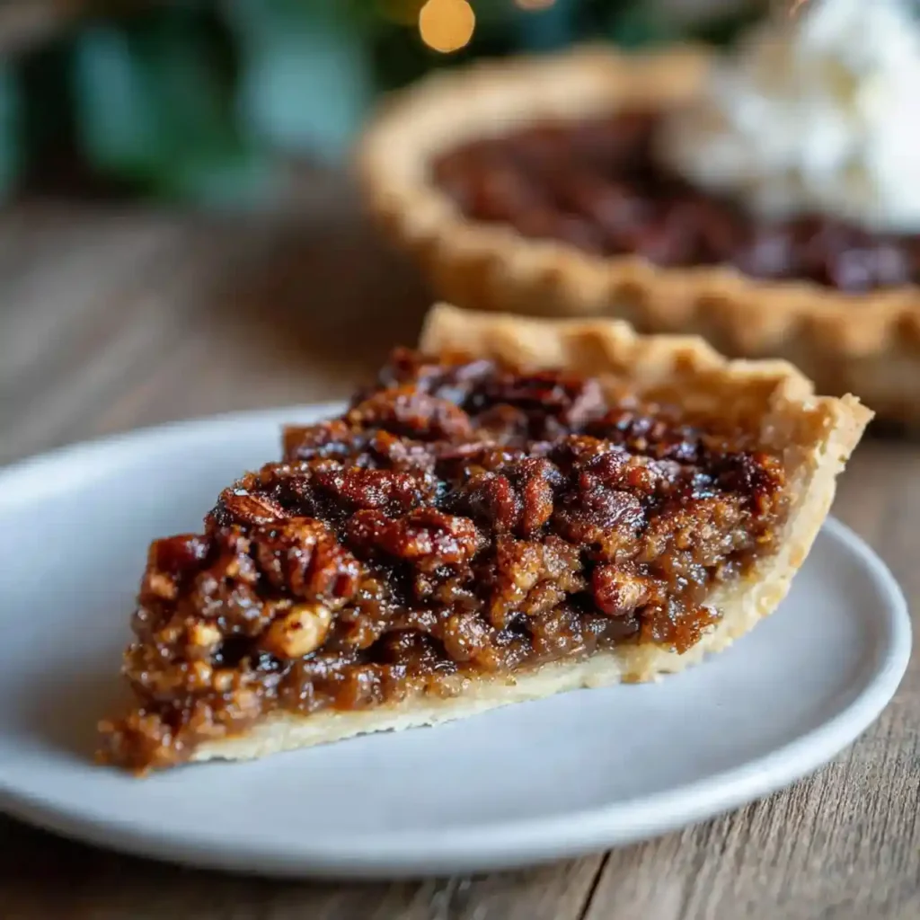 Slice of pecan pie on a plate with a flaky crust and caramelized pecan filling.