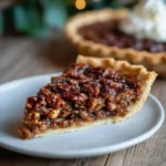 Slice of pecan pie on a plate with a flaky crust and caramelized pecan filling.