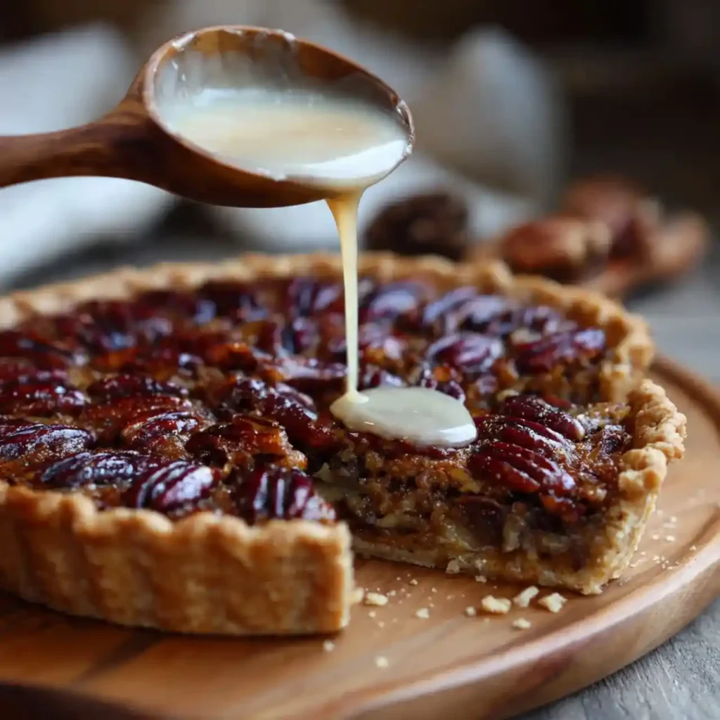 Warm caramel sauce being poured over a whole perfect pecan pie.
