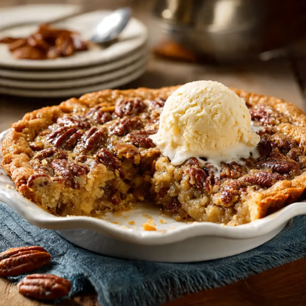 Freshly baked pecan pie dump cake in a dish topped with a scoop of vanilla ice cream.