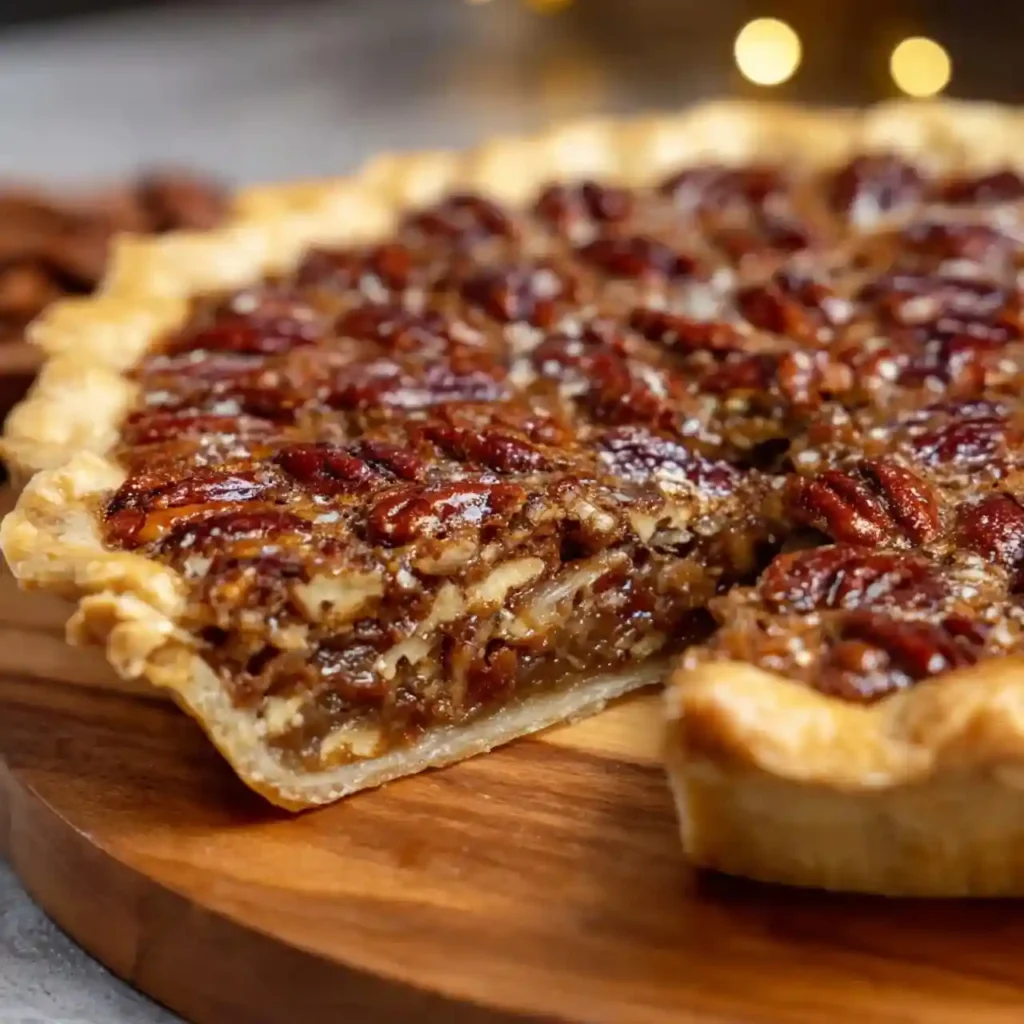 Whole pecan pie with a caramelized nut topping and a golden flaky crust.