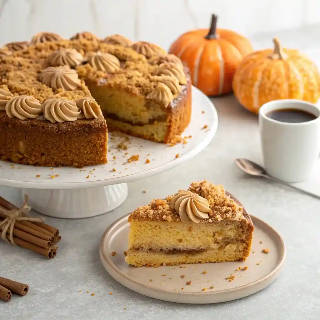 Pumpkin streusel coffee cake with buttercream swirls on top, served with a slice and coffee on a light background.