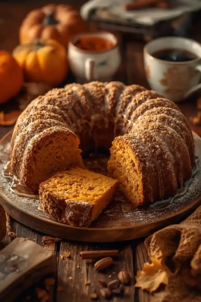 Close-up of pumpkin bundt coffee cake with streusel crumble and drizzle on a wooden table surrounded by autumn décor.