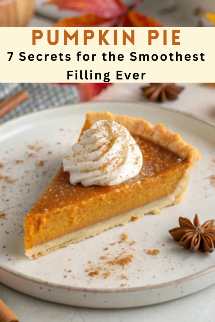 Slice of creamy homemade pumpkin pie with whipped cream on top, sprinkled with cinnamon and captioned “Pumpkin Pie – 7 Secrets for the Smoothest Filling Ever.