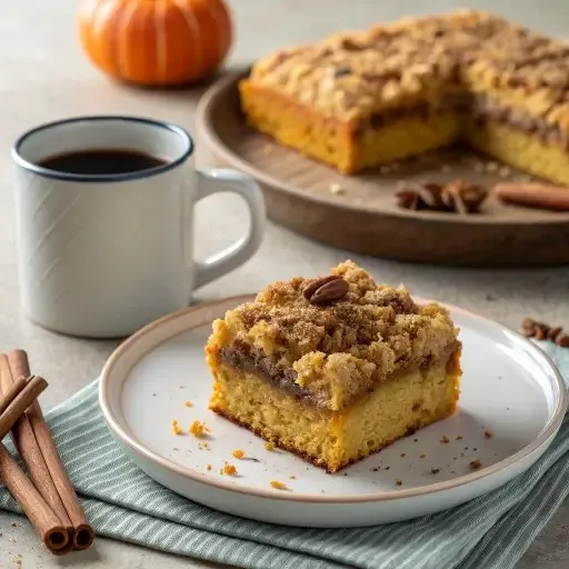 Single square slice of pumpkin coffee cake with crumb topping on a plate beside a mug of coffee and cinnamon sticks.