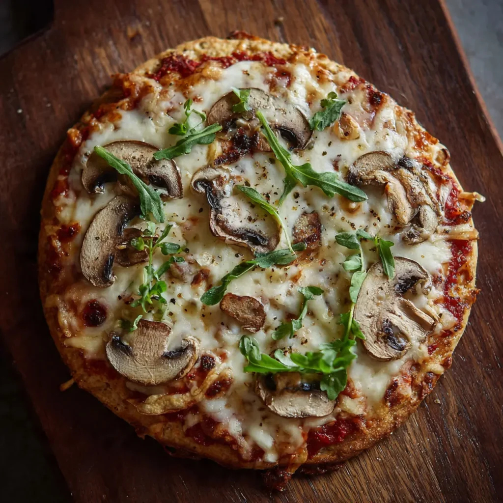 Baked mushroom flatbread pizza topped with melted cheese and arugula.