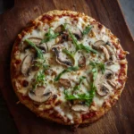 Baked mushroom flatbread pizza topped with melted cheese and arugula.