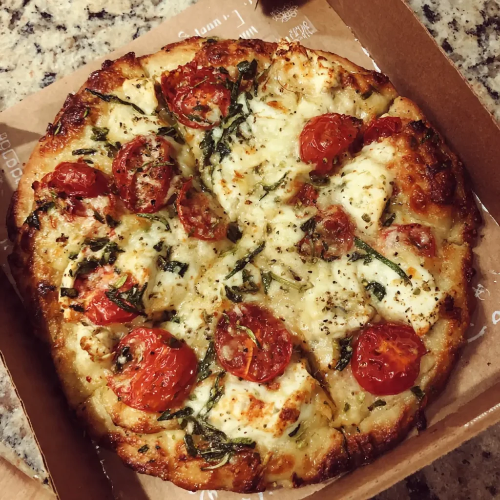 Homemade flatbread pizza with roasted tomatoes, cheese, and fresh herbs.