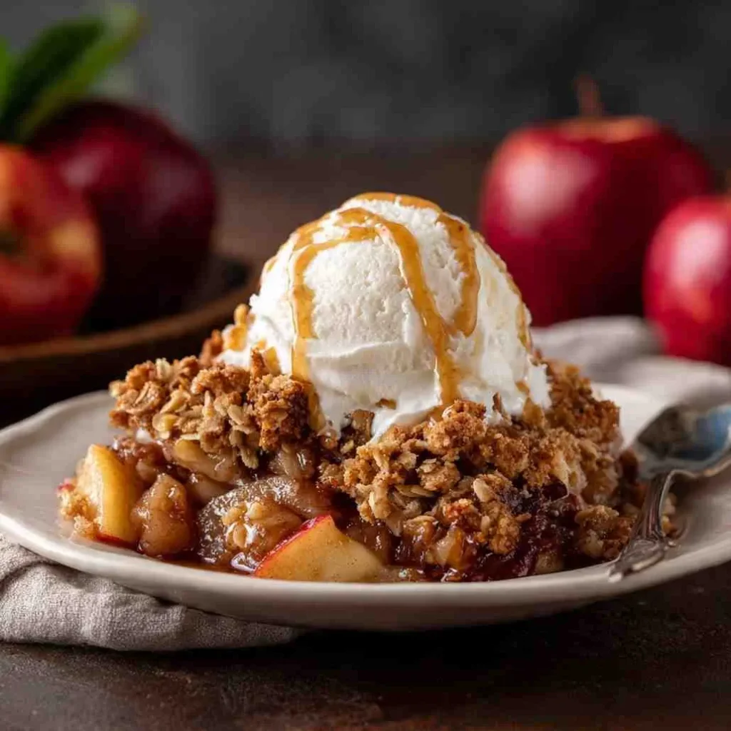 Warm vegan apple crisp topped with vanilla dairy-free ice cream and caramel drizzle.