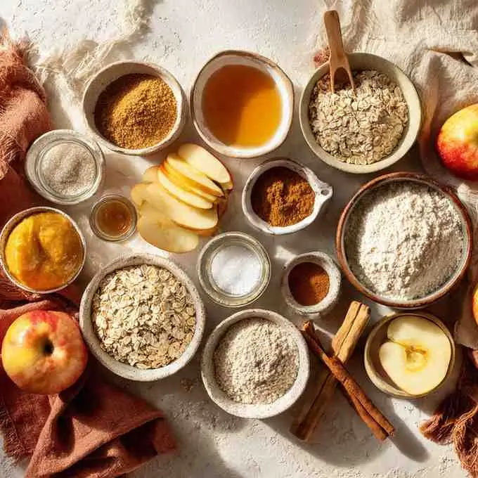 Overhead view of vegan apple crisp ingredients including oats, apples, maple syrup, spices, and flours.