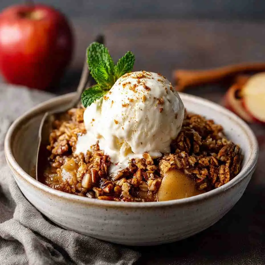 Bowl of vegan apple crisp topped with dairy-free ice cream and fresh mint.