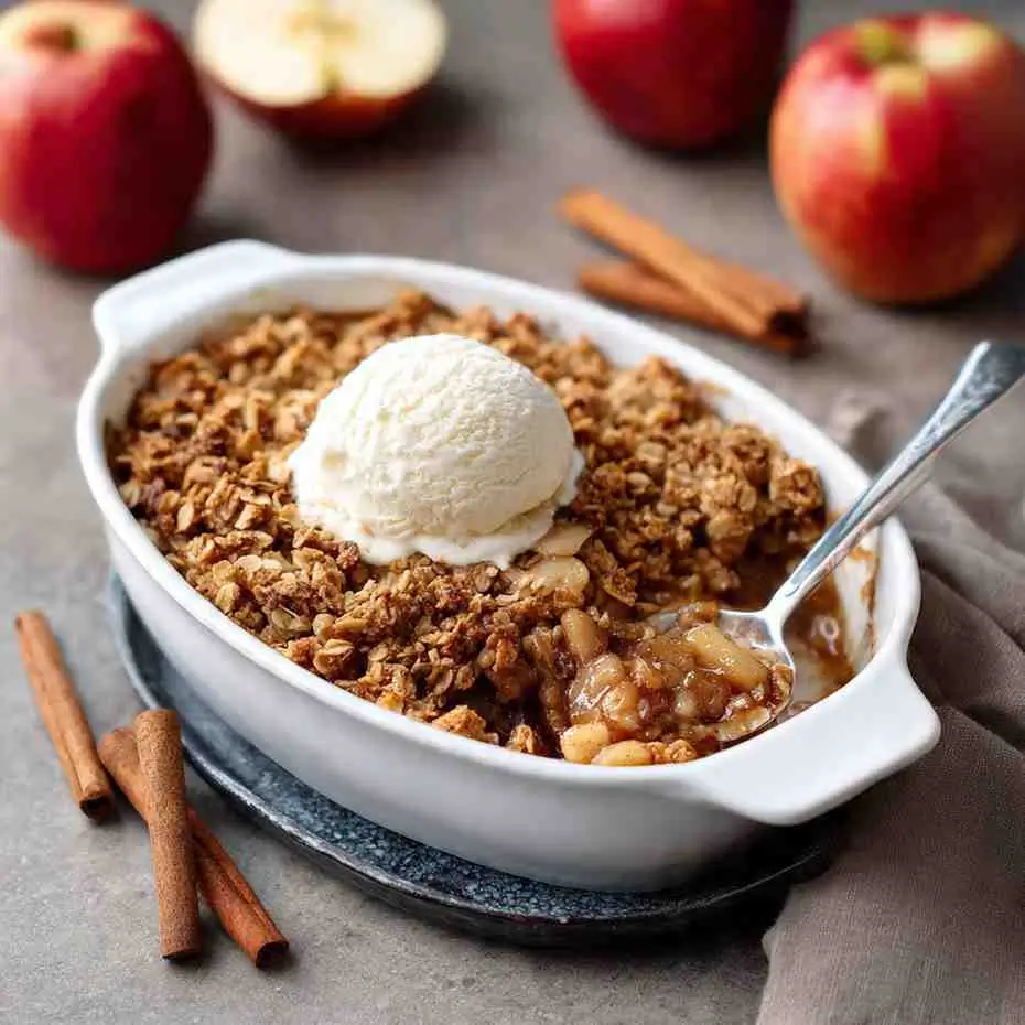 Vegan apple crisp baked in a white casserole dish topped with a scoop of dairy-free vanilla ice cream.