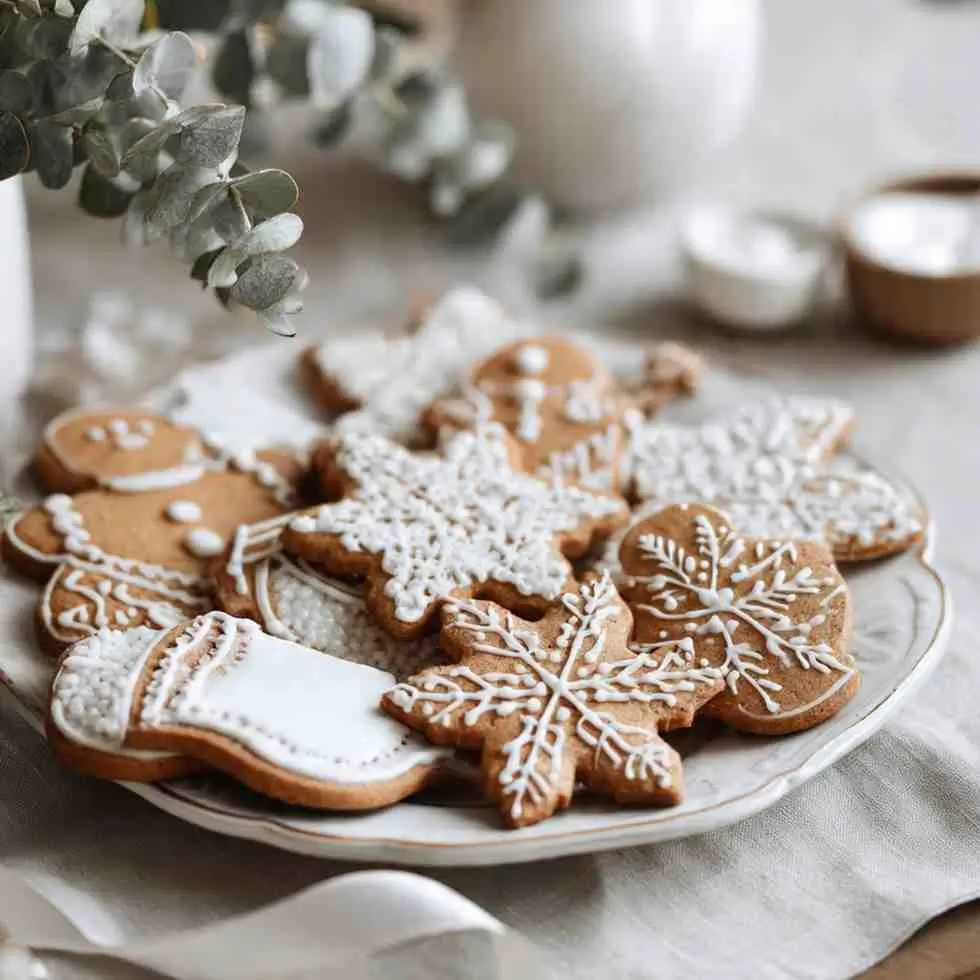 Plate of assorted gingerbread cookies decorated with white royal icing in snowflake and holiday shapes.