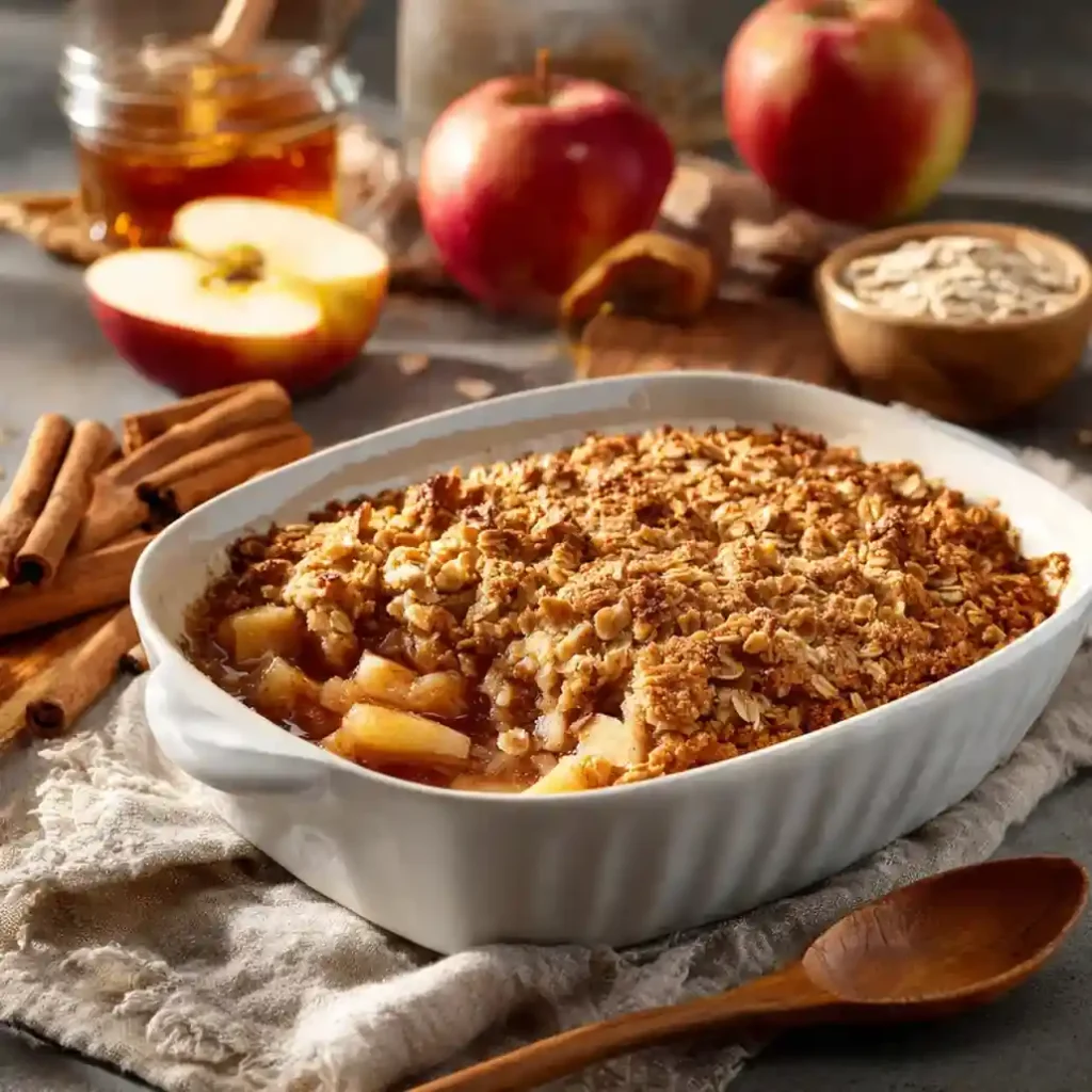 Golden apple crisp with oat topping in a white dish surrounded by apples, spices, and honey.