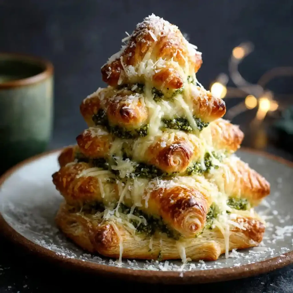 Basil Pesto Cheesy Puff Pastry Christmas Tree made of puff pastry layers filled with basil pesto and red berries, served on a wooden board.