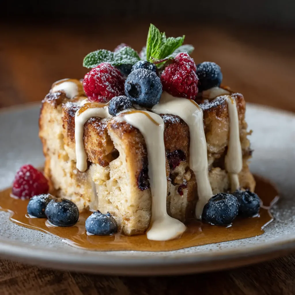 Slice of bread pudding topped with fresh berries, mint, and vanilla sauce drizzle.