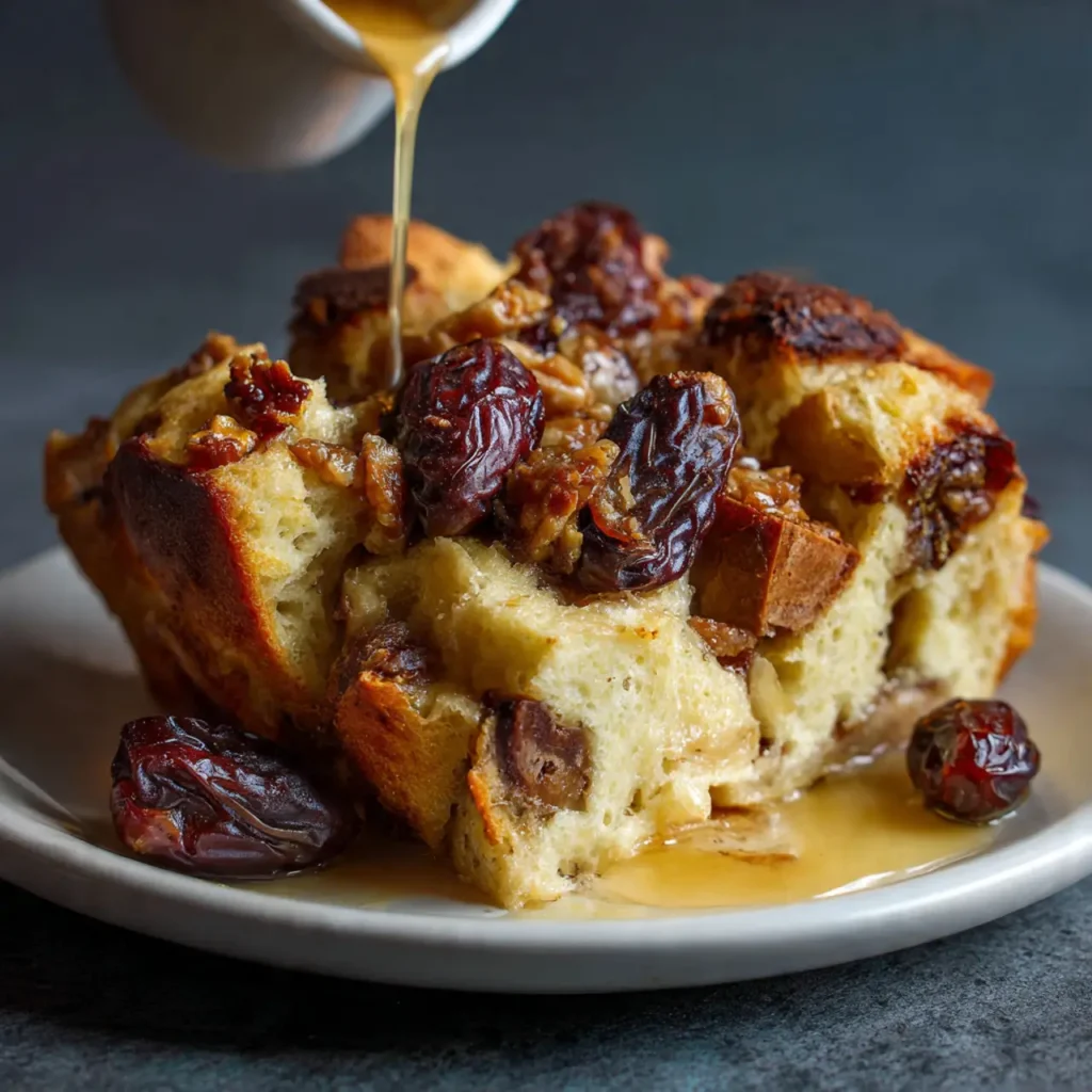 Close-up of warm bread pudding topped with dates and drizzled with caramel sauce.
