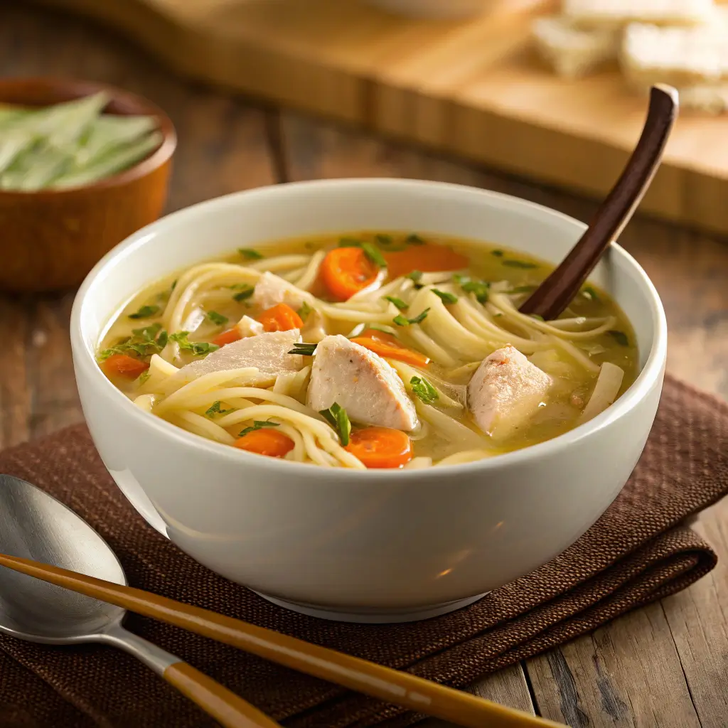 A warm bowl of homemade chicken noodle soup with carrots and herbs served on a rustic wooden table.