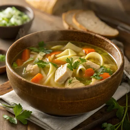 Homemade chicken noodle soup in a rustic brown bowl garnished with parsley.