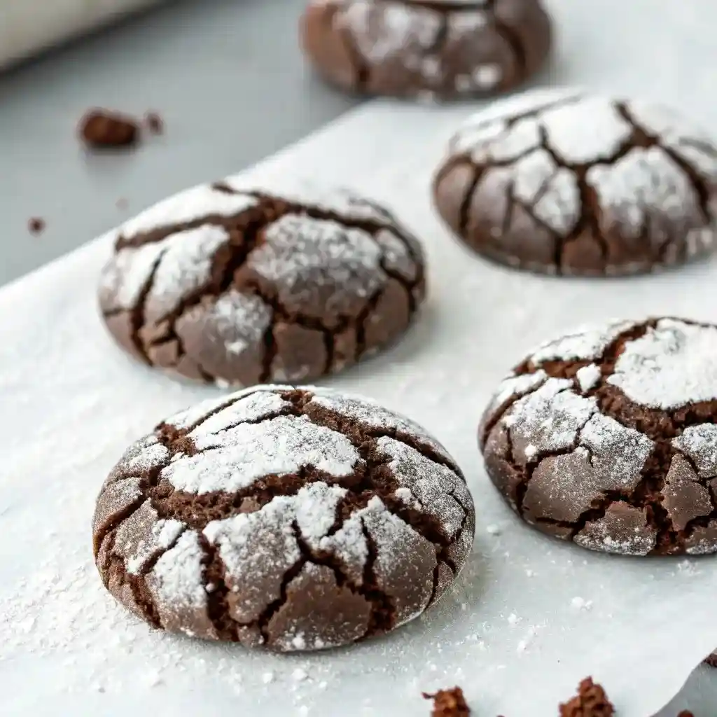 Soft chocolate crinkle cookies dusted with powdered sugar on parchment paper.