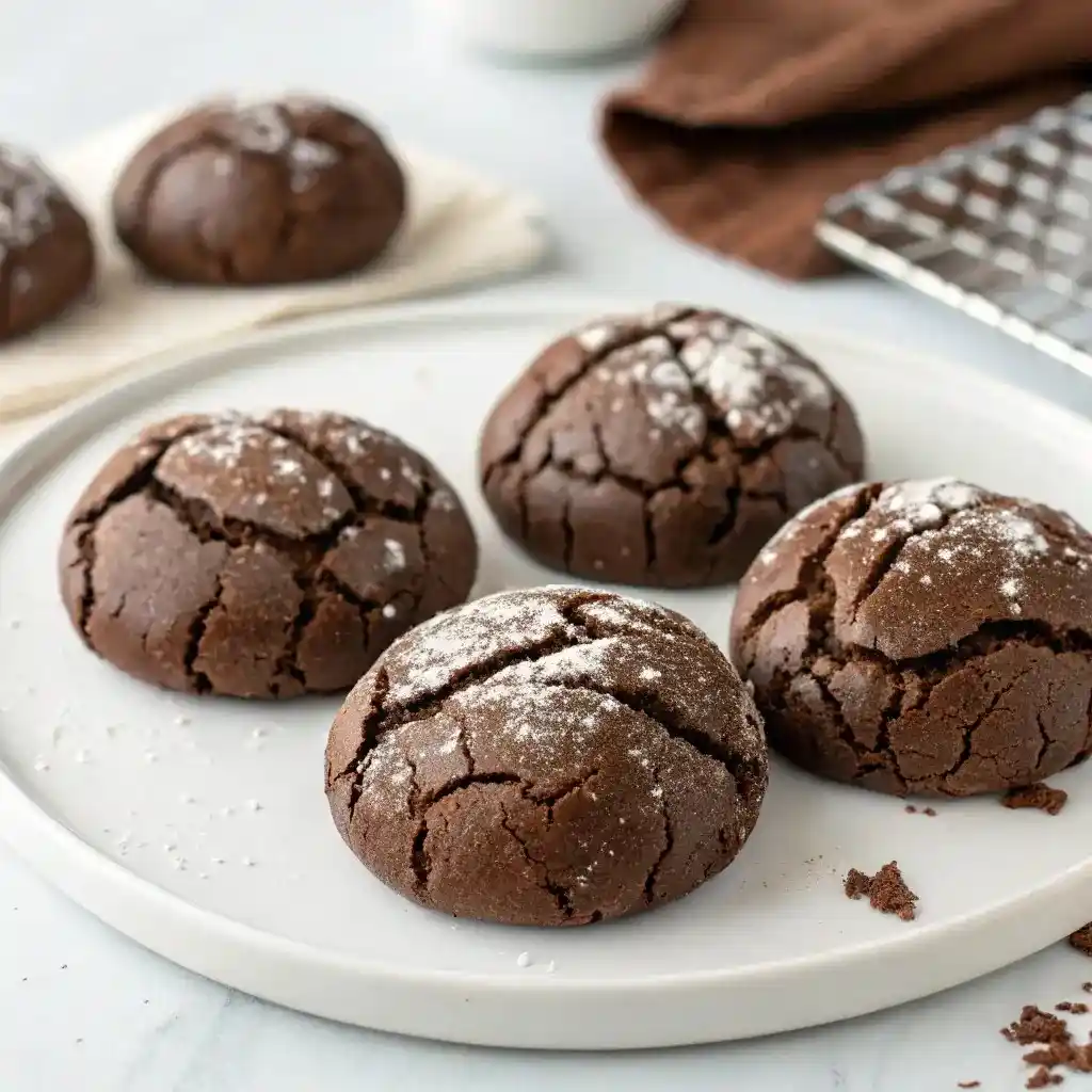 Homemade chocolate crinkle cookies on a white plate with light powdered sugar.