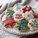 Plate of Christmas sugar cookies shaped like trees, stars, flowers, and ornaments, decorated with green, red, and white icing.
