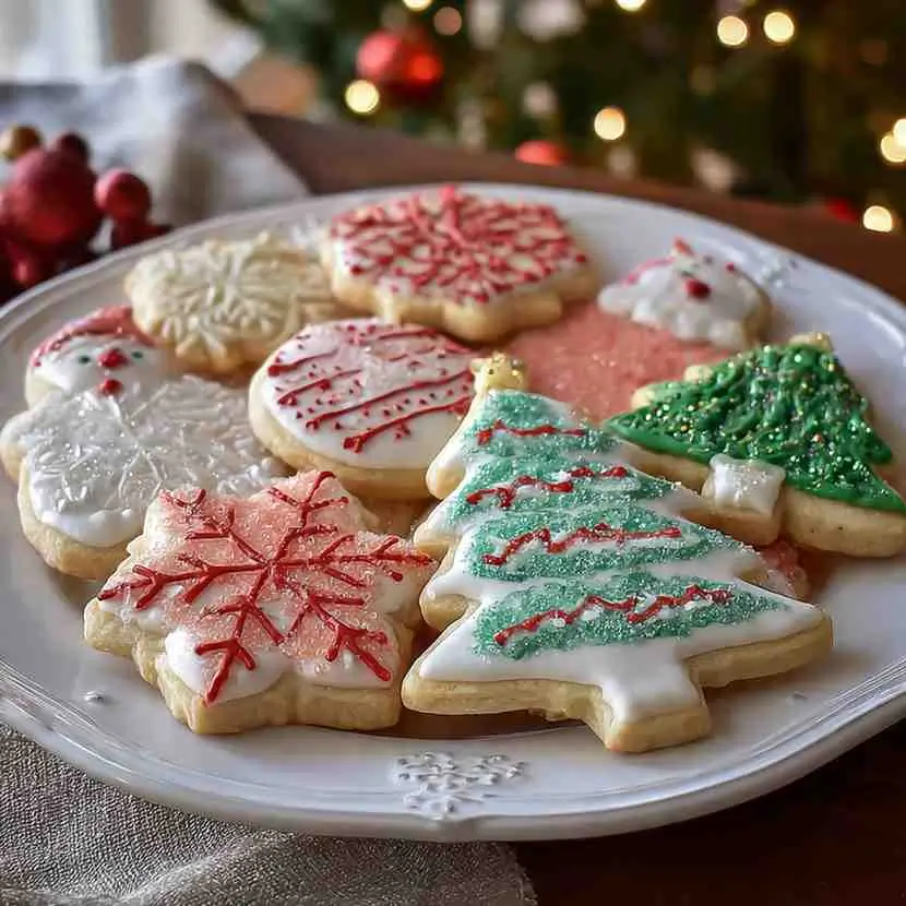 Assorted decorated Christmas sugar cookies on a plate with a blurred Christmas tree in the background.