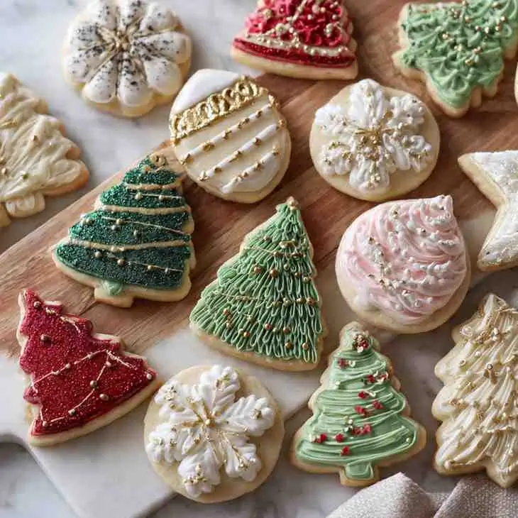 Wooden board filled with decorated Christmas sugar cookies, including trees, stars, and ornaments with gold and red accents.