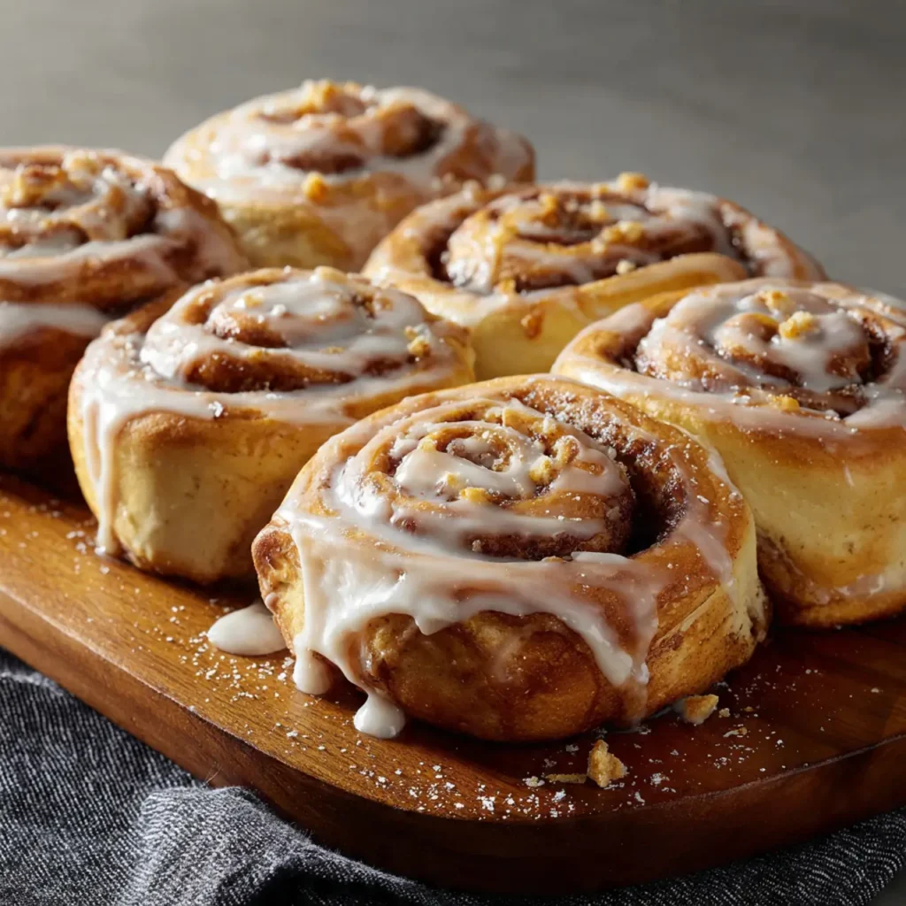 Cinnamon rolls topped with drizzled icing, arranged on a wooden board.