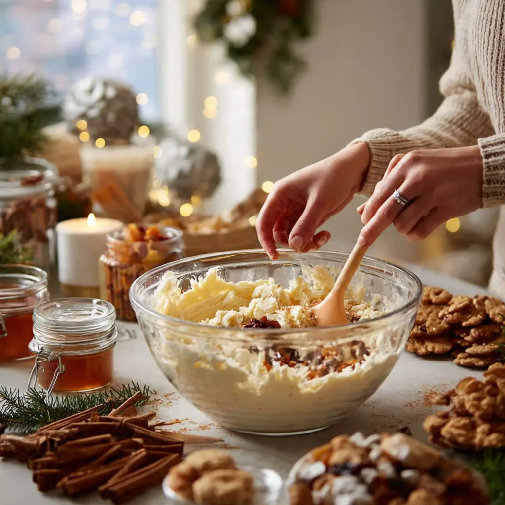 Hands mixing creamy Christmas fudge batter in a glass bowl surrounded by festive holiday ingredients.