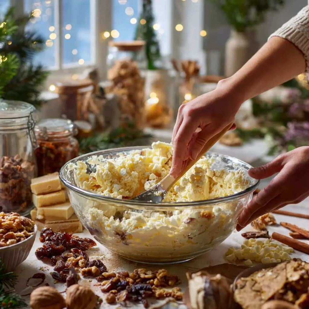 Stirring a bowl of white chocolate Christmas fudge mixture with holiday ingredients on the table.