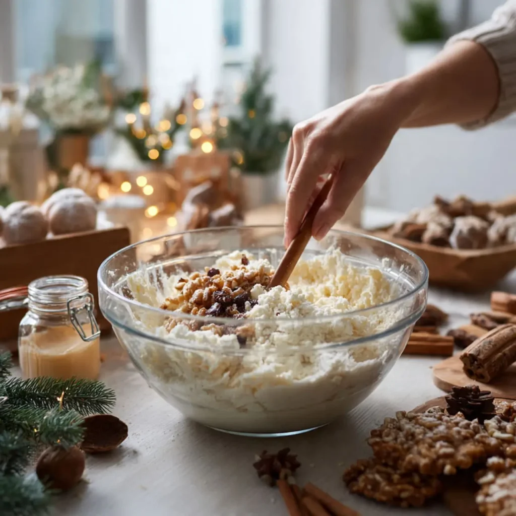 Mixing raisins and nuts into creamy Christmas fudge batter in a glass bowl.
