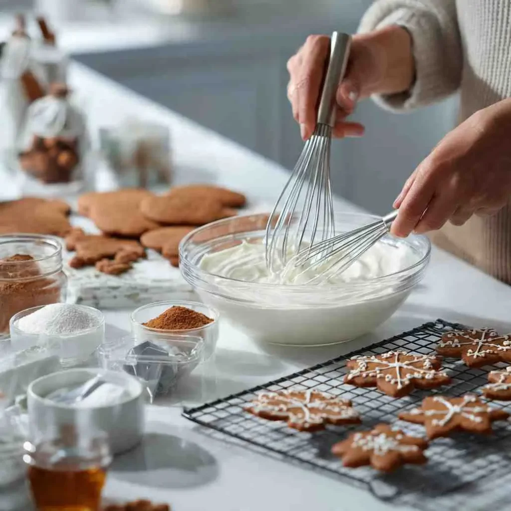 Close-up of hands whisking white royal icing in a glass bowl next to gingerbread cookies.