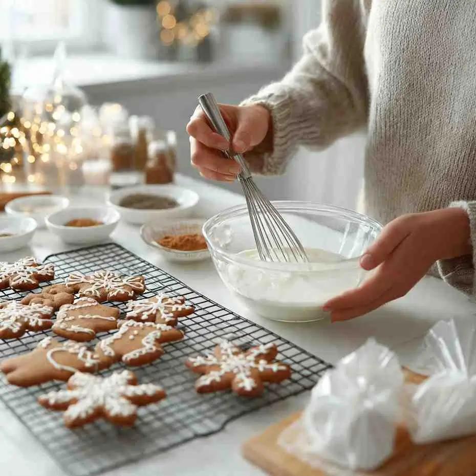 Person whisking icing beside a cooling rack filled with decorated gingerbread cookies.