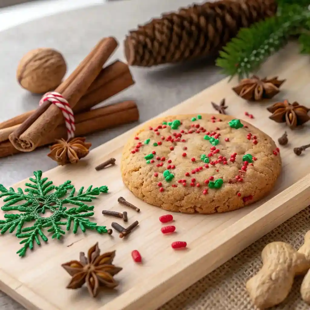 Cookie Recipes Christmas 5 Must-Try Classics for 2025 with red and green sprinkles surrounded by cinnamon sticks, star anise, and pinecones on a wooden board.