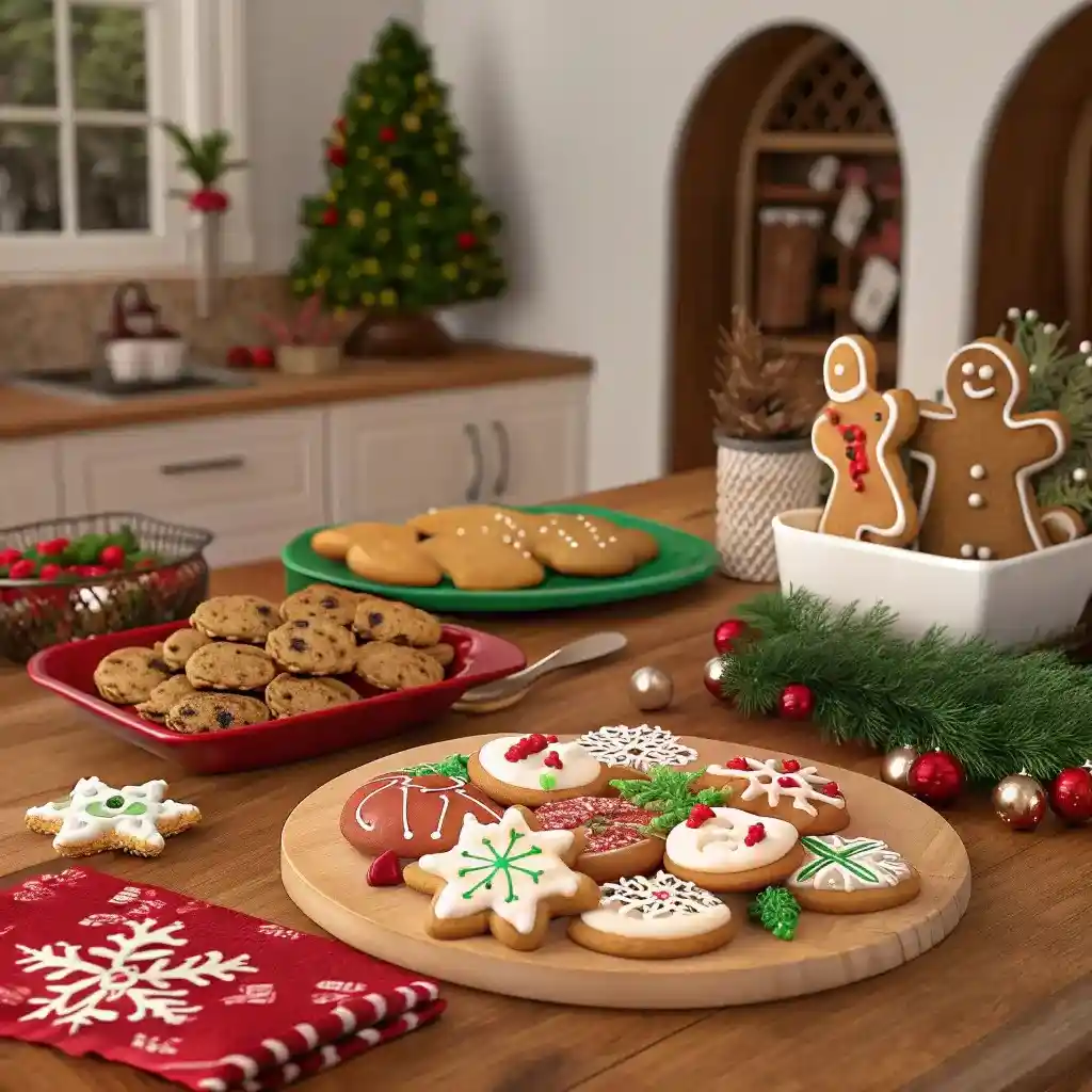 Assorted Christmas cookies including gingerbread men, snowflakes, and chocolate chip cookies displayed on a festive kitchen counter.