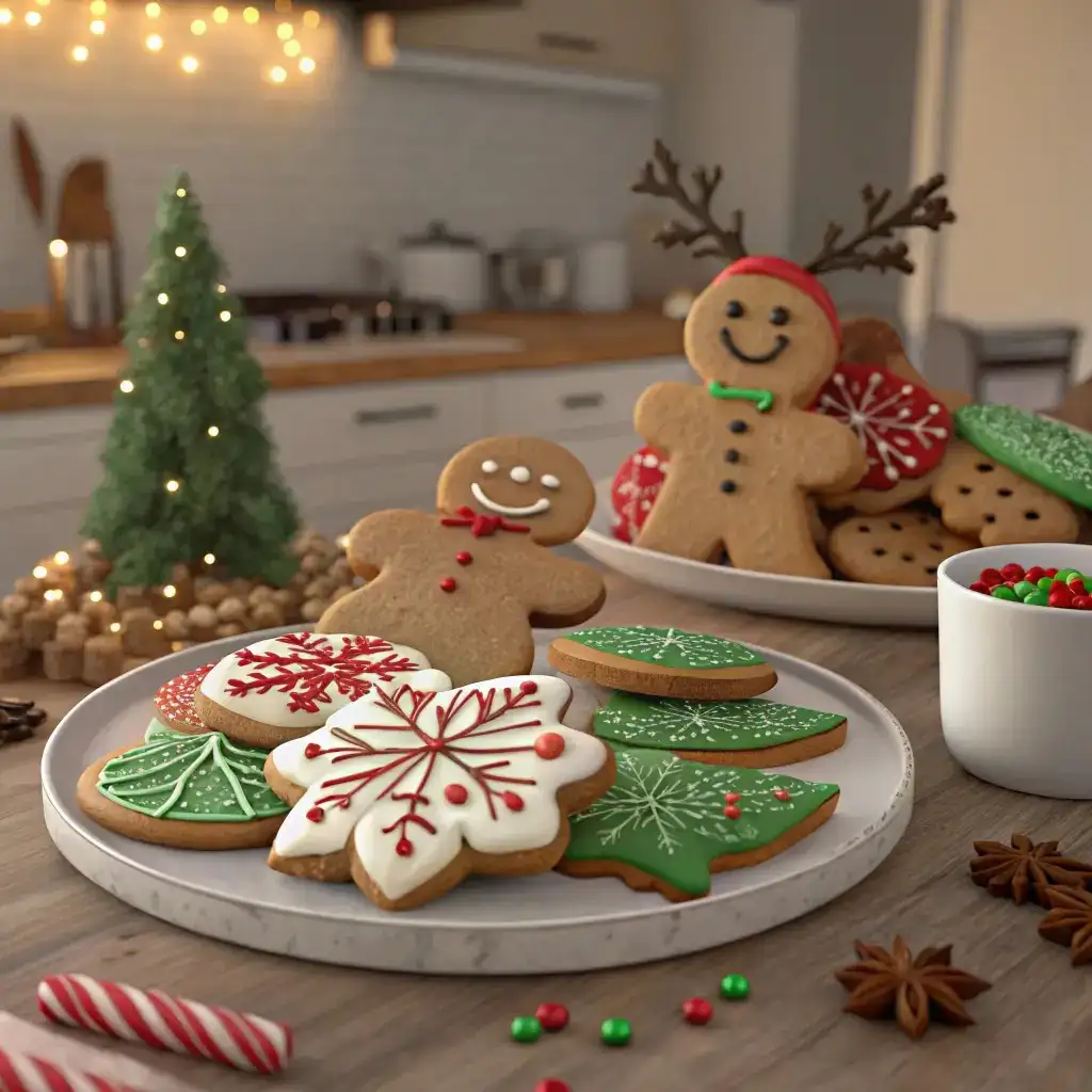 Plate of decorated gingerbread men and Christmas cookies with red and green icing in a festive kitchen setting.