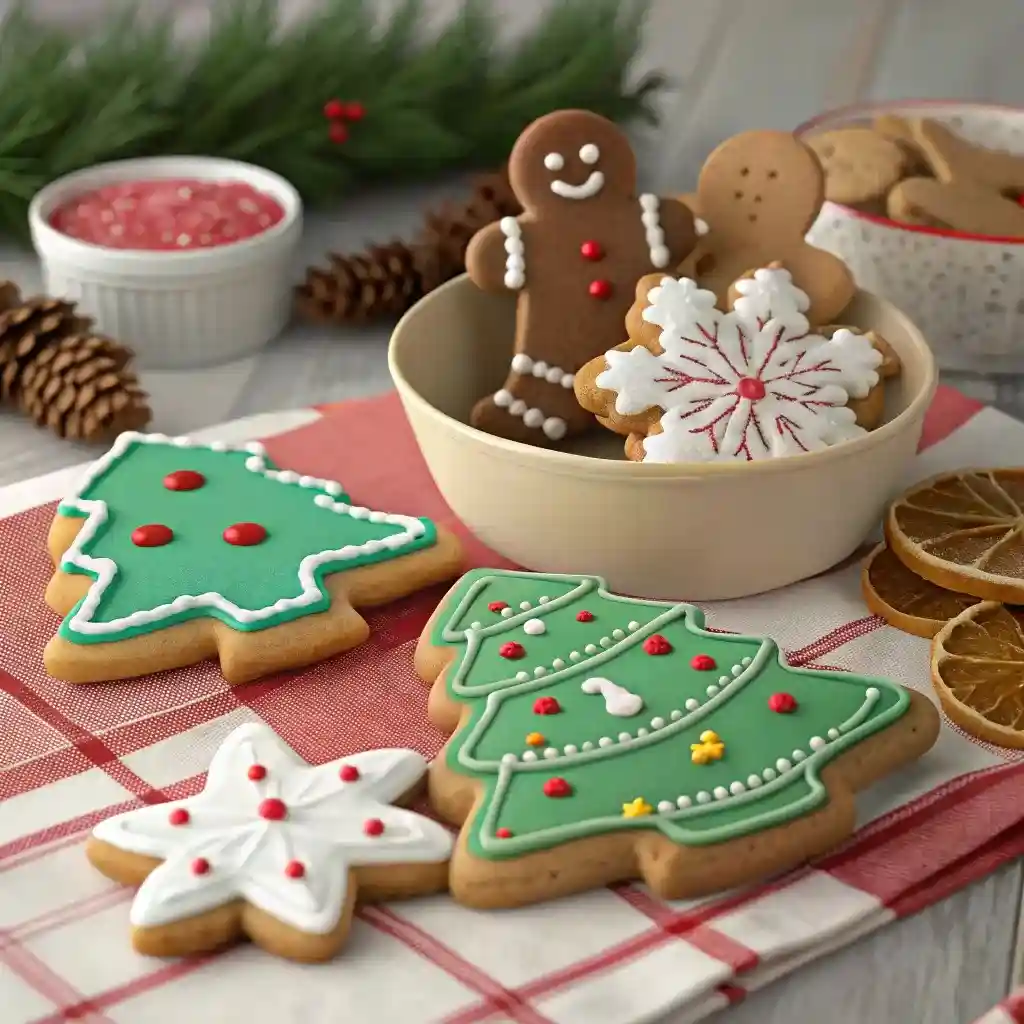 Decorated Christmas tree and snowflake cookies with icing, served beside a bowl of gingerbread men.