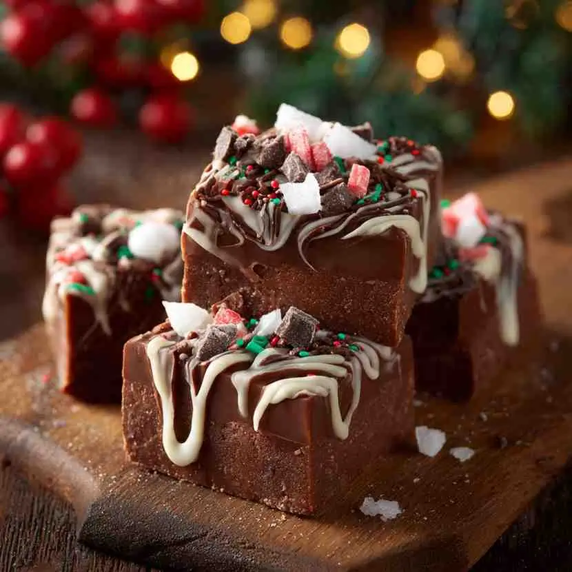 Close-up of thick chocolate fudge squares topped with white chocolate drizzle, crushed peppermint pieces, and festive red and green sprinkles on a wooden board.