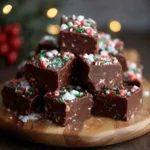 Stack of chocolate fudge pieces covered in holiday sprinkles and crushed peppermint, arranged on a wooden serving board with soft Christmas lights in the background.