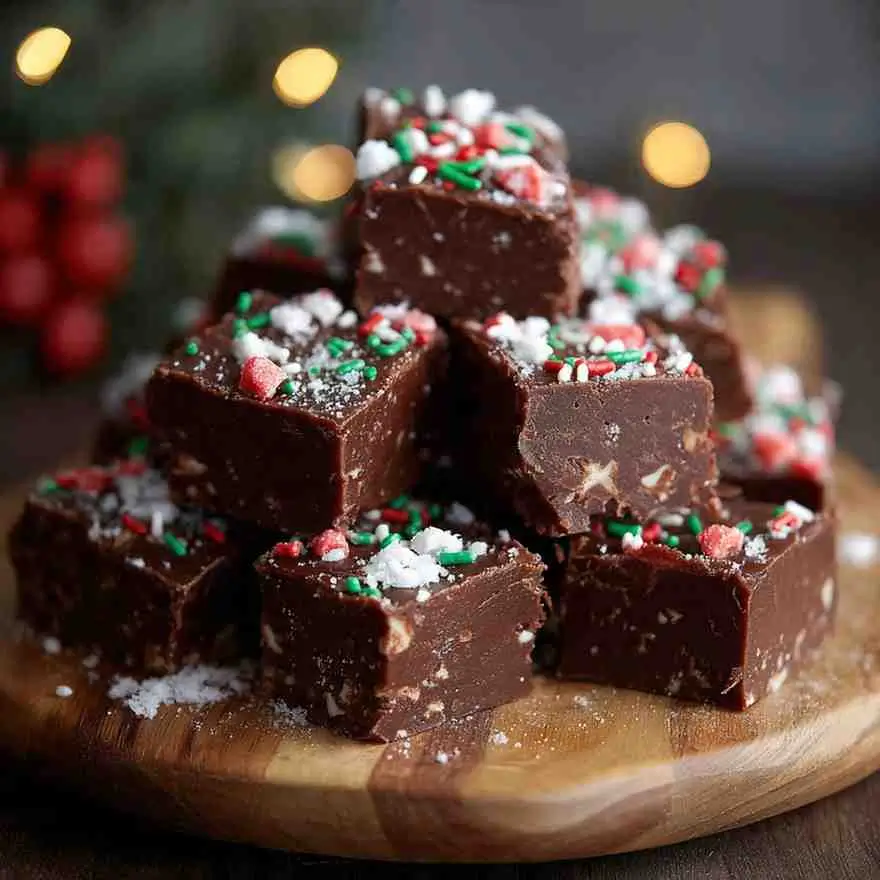 Stack of chocolate fudge pieces covered in holiday sprinkles and crushed peppermint, arranged on a wooden serving board with soft Christmas lights in the background.