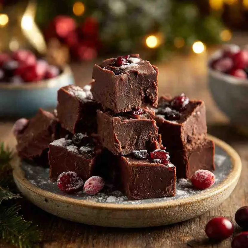 Chocolate fudge squares mixed with whole cranberries and dusted with powdered sugar, displayed on a ceramic plate with fresh cranberries scattered around.