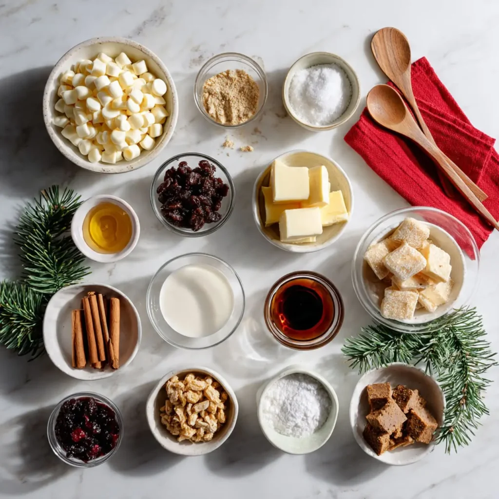 Flat lay of Christmas fudge ingredients including white chocolate, butter, raisins, spices, marshmallows, and holiday elements.