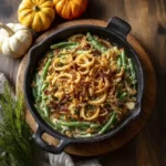 Green bean casserole topped with crispy fried onions and bacon in a black cast-iron skillet.