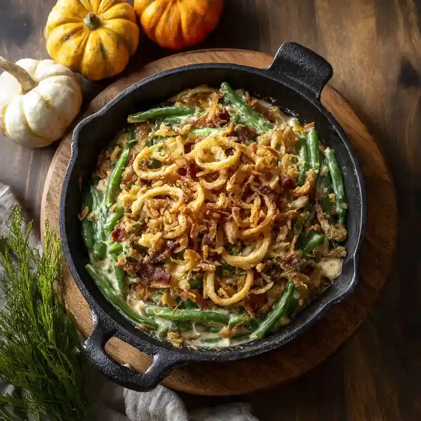 Green bean casserole topped with crispy fried onions and bacon in a black cast-iron skillet.