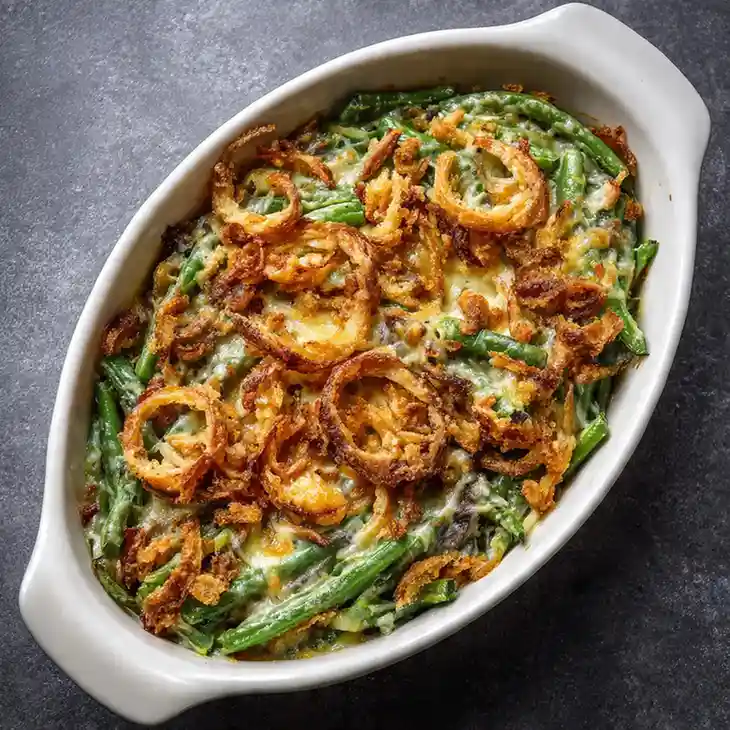 Homemade green bean casserole with melted cheese and fried onions in a white ceramic baking dish.